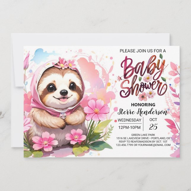 Pink Sloth Cuteness Baby Shower Invitation (Front)