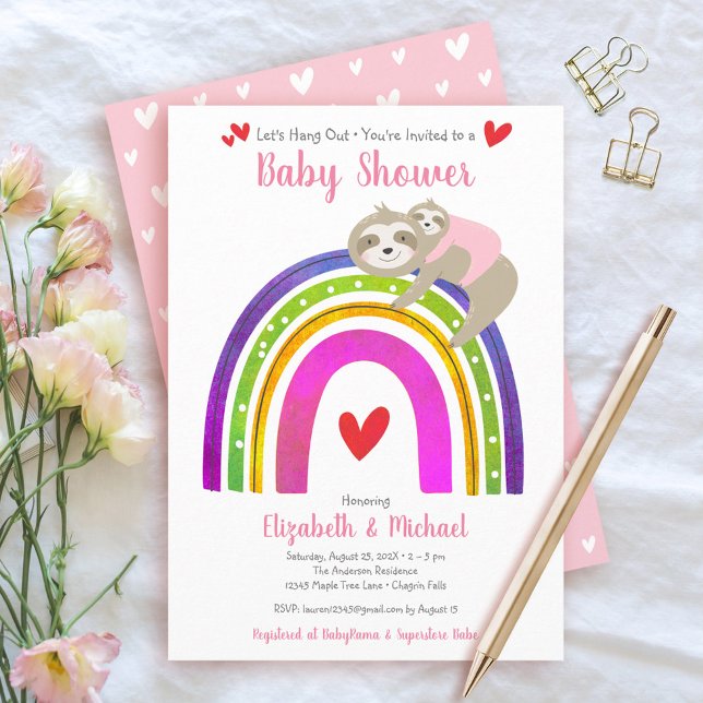 Pink Sloths Girl Baby Shower Boho Rainbow Kawaii Invitation (Creator Uploaded)