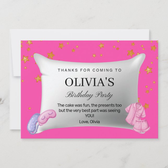 Pink Slumber Party Birthday Party Thank You Card (Front)