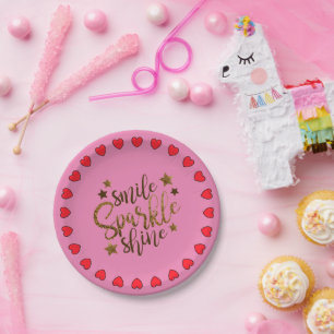 Pink Smile, Sparkle, Shine Hearts Paper Plate