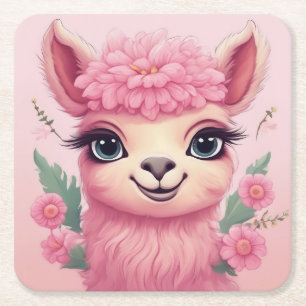 Pink Smiling Baby Lama Square Paper Coaster