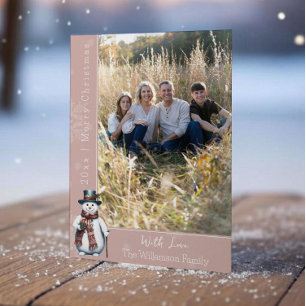 Pink Smiling Snowman Photo Holiday Card