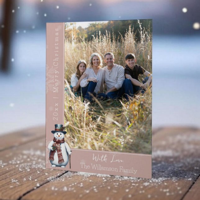 Pink Smiling Snowman Photo Holiday Card (Pink Smiling Snowman Holiday Photo Card)