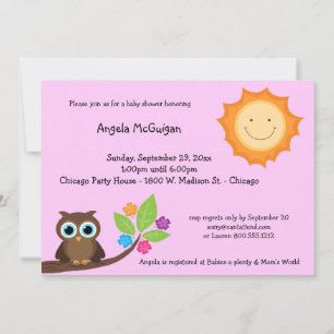 Pink Smiling Sunshine And Owl Baby Shower Invite