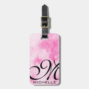 Pink Smoked Marble Script Monogrammed Luggage Tag