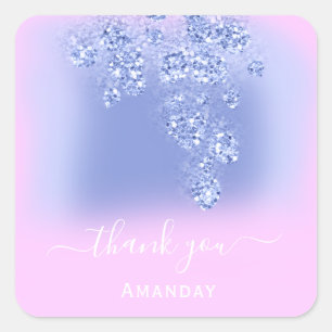 Pink Smoky Blue Glitter Floral Bridal Favour Square Sticker