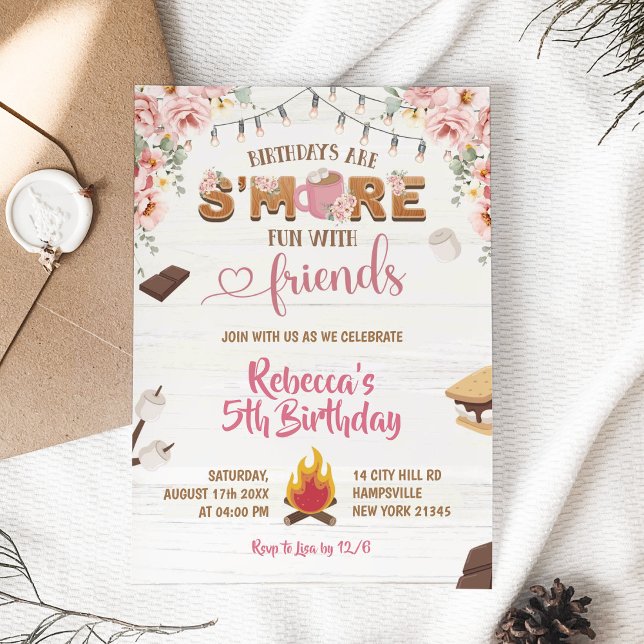 Pink S'more Fun Girl Birthday Invitation Birthday (Creator Uploaded)