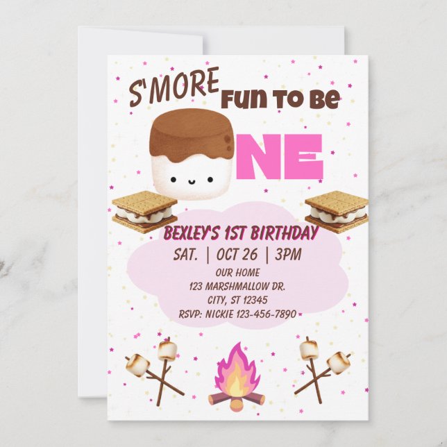 Pink, S'more Fun to be One, 1st Birthday Invitation (Front)