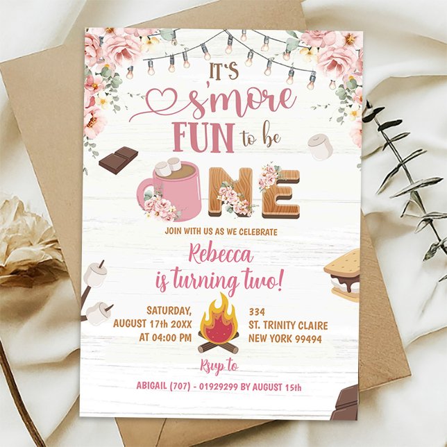 Pink S'more Girl 1st Birthday Invitation Birthday (Creator Uploaded)