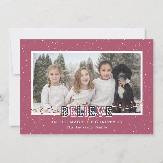 Pink Snow Believe In the Magic Photo Holiday Card (Front)