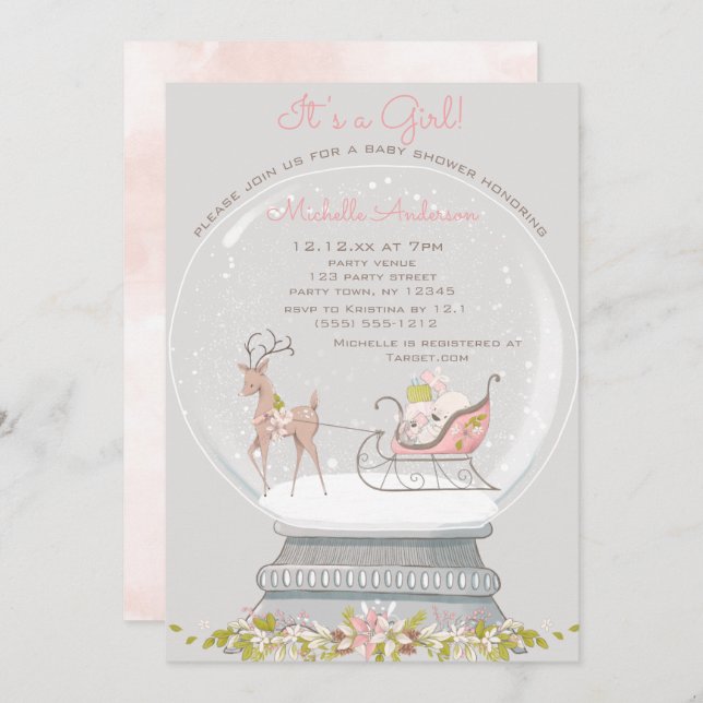 Pink Snow Globe Bear Deer Girl Baby Shower Invitation (Front/Back)