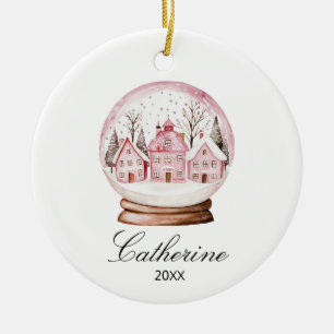 Pink Snow Globe Christmas Cozy Town Custom Name Ceramic Ornament