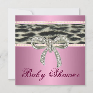 Pink Snow Leopard Diamond Bow Baby Shower Invite