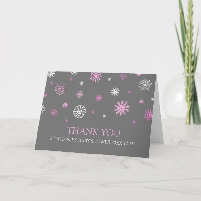 Pink Snow Winter Baby Shower Thank You Card (Front)