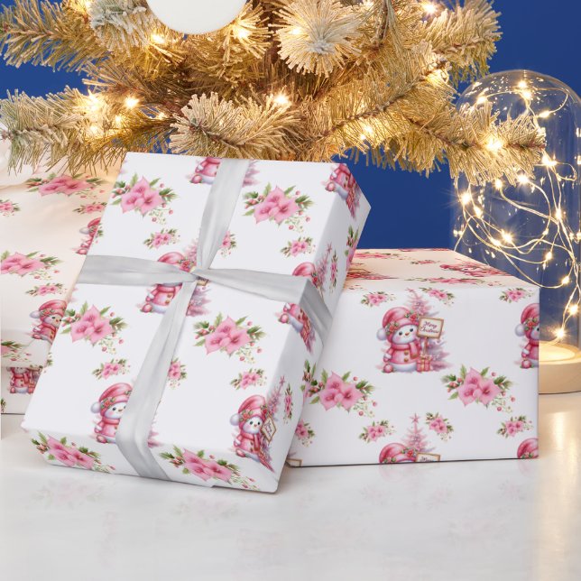 Pink Snowbaby and Pink Flowers Wrapping Paper (Holidays)