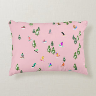 Pink Snowboarders Snowboarding Illustration    Decorative Cushion