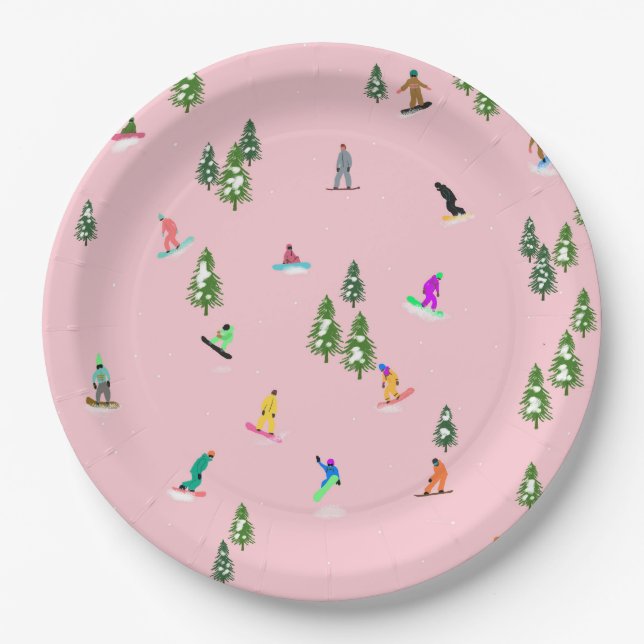 Pink Snowboarders Snowboarding Illustration     Paper Plate (Front)