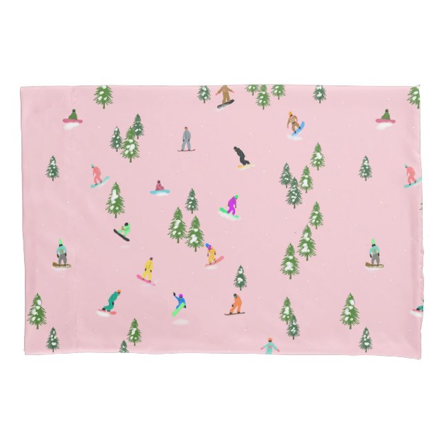 Pink Snowboarders Snowboarding Illustration   Pillowcase (Front)