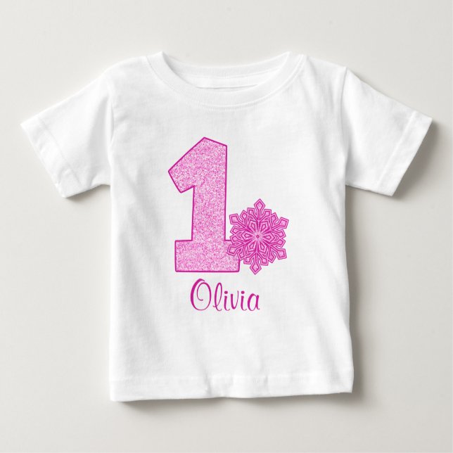 Pink Snowflake 1st Birthday Personalised Baby T-Shirt (Front)