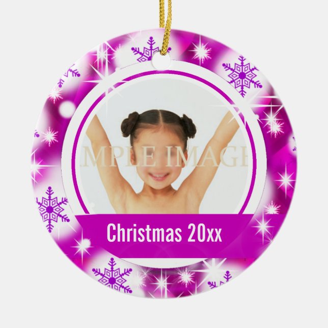 Pink snowflake 2 photo personalise ceramic ornament (Front)