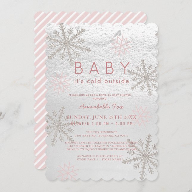 Pink Snowflake Baby Its Cold Drive-by Baby Shower Invitation (Front/Back)