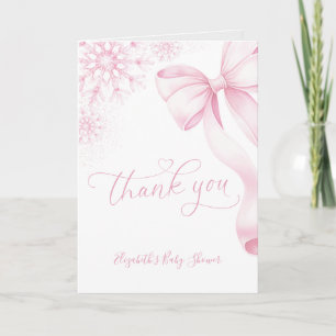 Pink Snowflake Bow Baby Shower Foldable Thank You Card