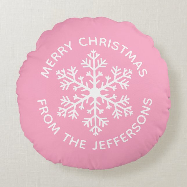 Pink Snowflake Christmas Round Pillow (Front)