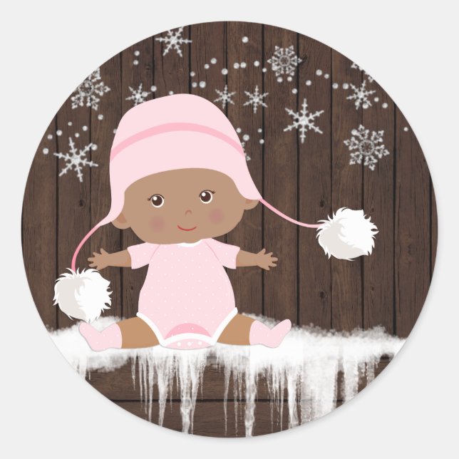 Pink Snowflake Ethnic Girl Baby Shower Stickers (Front)