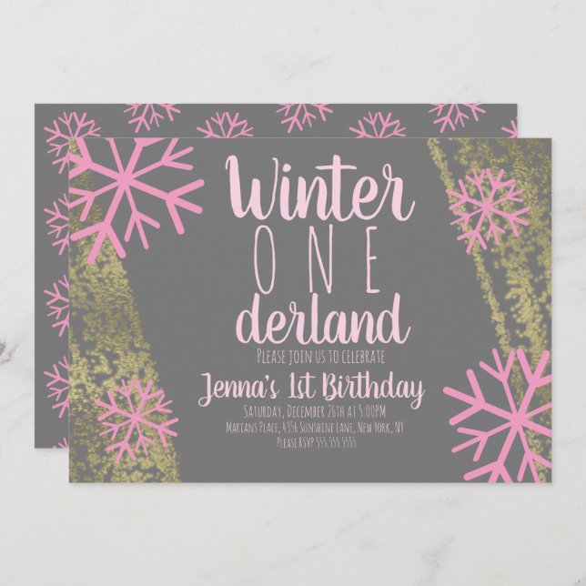 Pink Snowflake Foil Script First Birthday Invitation (Front/Back)