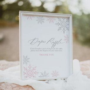 Pink Snowflake Girl Baby Shower Diaper Raffle Sign