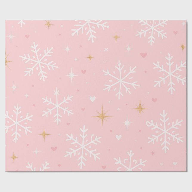 Pink Snowflake & Gold Sparkle Christmas  Wrapping Paper (Flat)