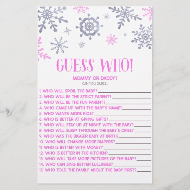  Pink Snowflake Guess Who! Baby Shower Game Stationery (Front)