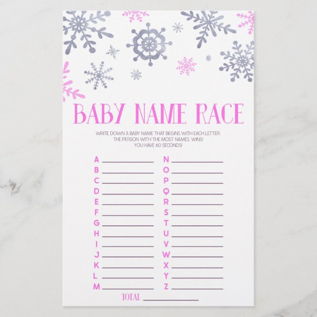 Pink Snowflake Name Race Baby Shower Game Activity Stationery (Front)