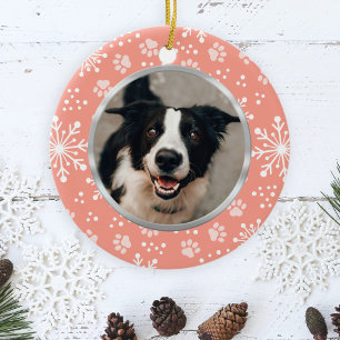 Pink Snowflake Paw Pattern Pet Photo Ceramic Ornament