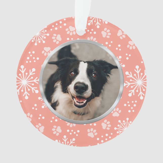 Pink Snowflake Paw Pattern Pet Photo Ornament (Front)