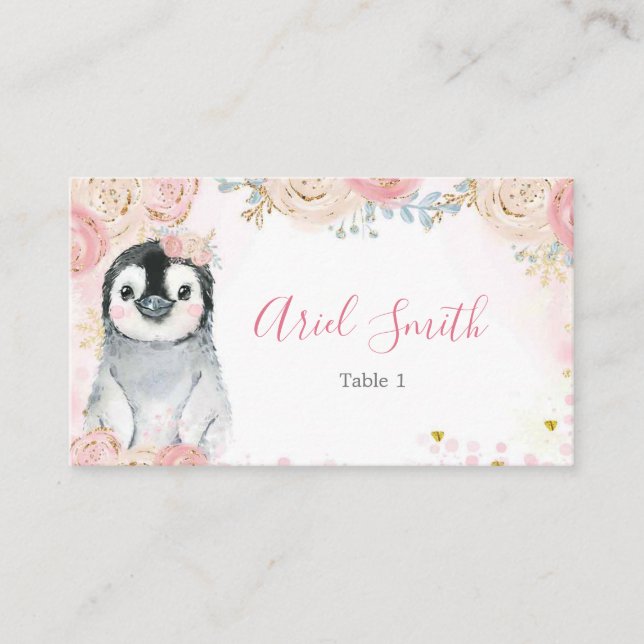 Pink Snowflake Penguin Winter Place Card (Front)