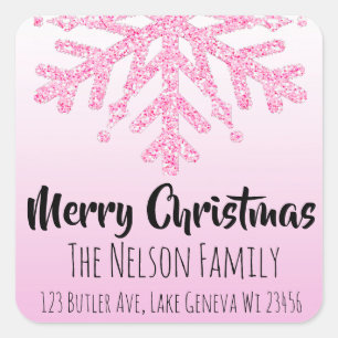 Pink Snowflake Personalised Christmas Square Sticker