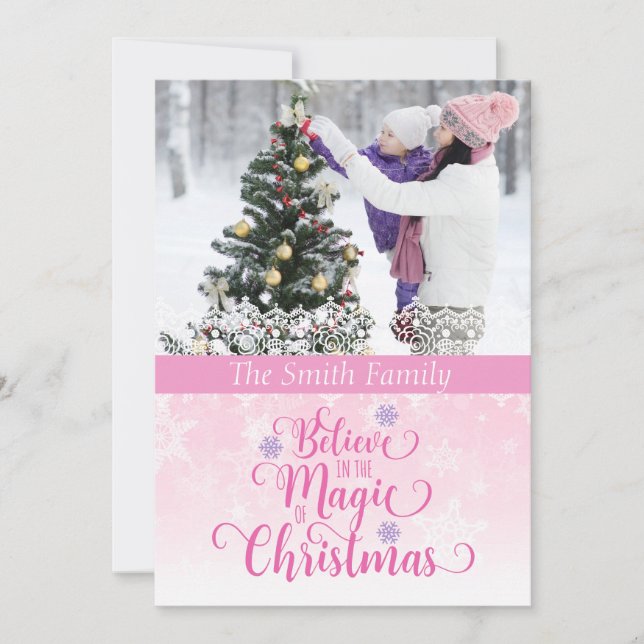 Pink Snowflake Photo Christmas Card (Front)