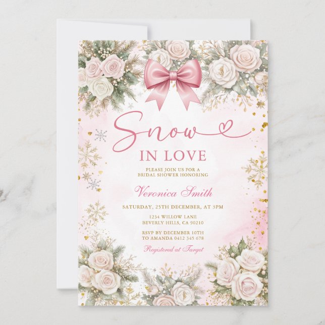 Pink Snowflake Snow in Love Winter Bridal Shower Invitation (Front)