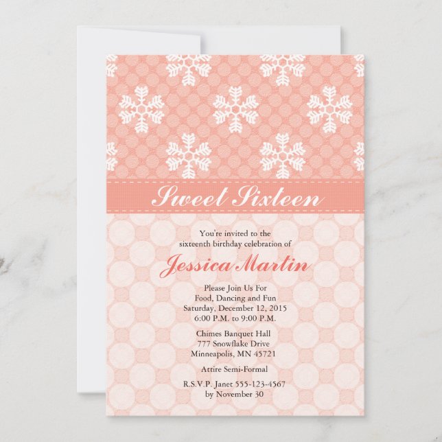 Pink Snowflake Sweet Sixteen Invitations (Front)