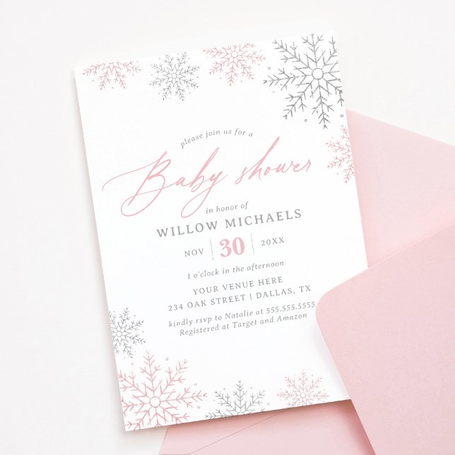 Pink Snowflake Winter Girl Baby Shower Invitation (Creator Uploaded)