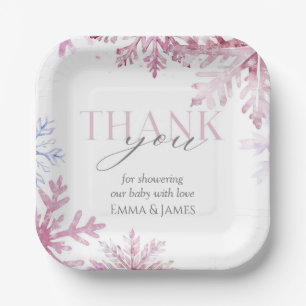 Pink Snowflake Winter Holiday Paper Plates
