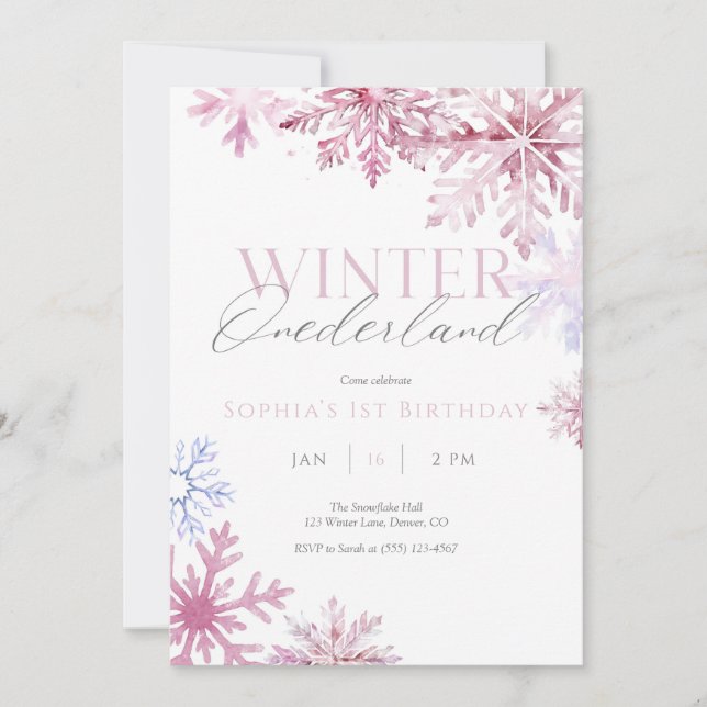 Pink Snowflake Winter Onederland Birthday Invite (Front)