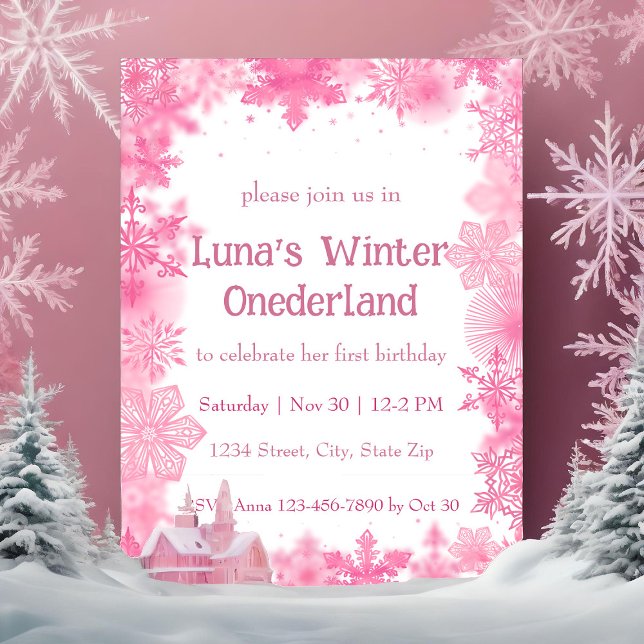 Pink Snowflake Winter Onederland Party Invitation (Creator Uploaded)