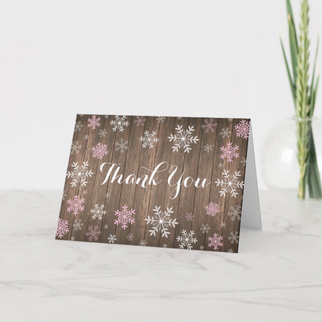 Pink Snowflake Winter Rustic Folded Thank You Card (Front)