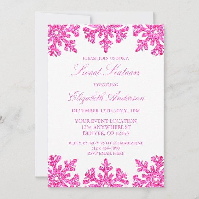 Pink Snowflake Winter Sweet 16 Invitation (Front)