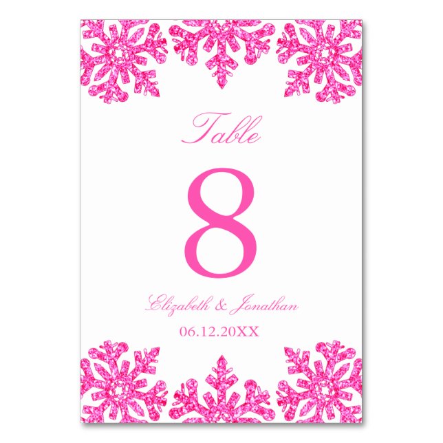 Pink Snowflake Winter Wedding Table Number (Front)