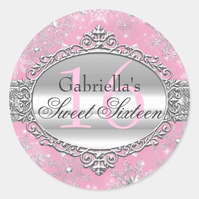 Pink Snowflake Winter Wonderland Sweet 16 Sticker (Front)