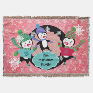 Pink Snowflakes and Dots Penguins Holiday Throw Blanket