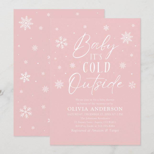 Pink Snowflakes Baby It's Cold Outside Baby Shower Invitation (Front/Back)